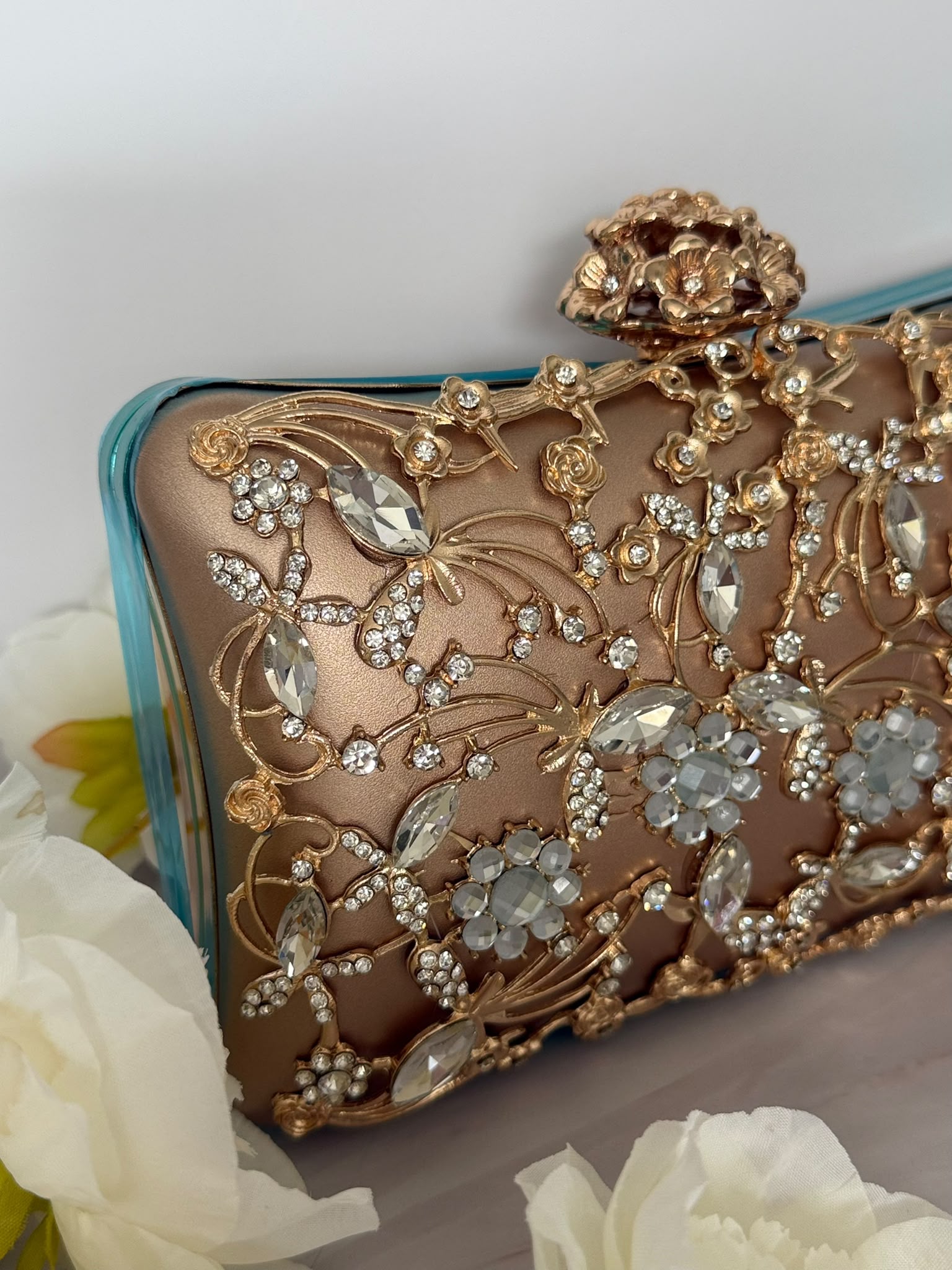 Golden Rhinestone Crystal Floral Evening Clutch