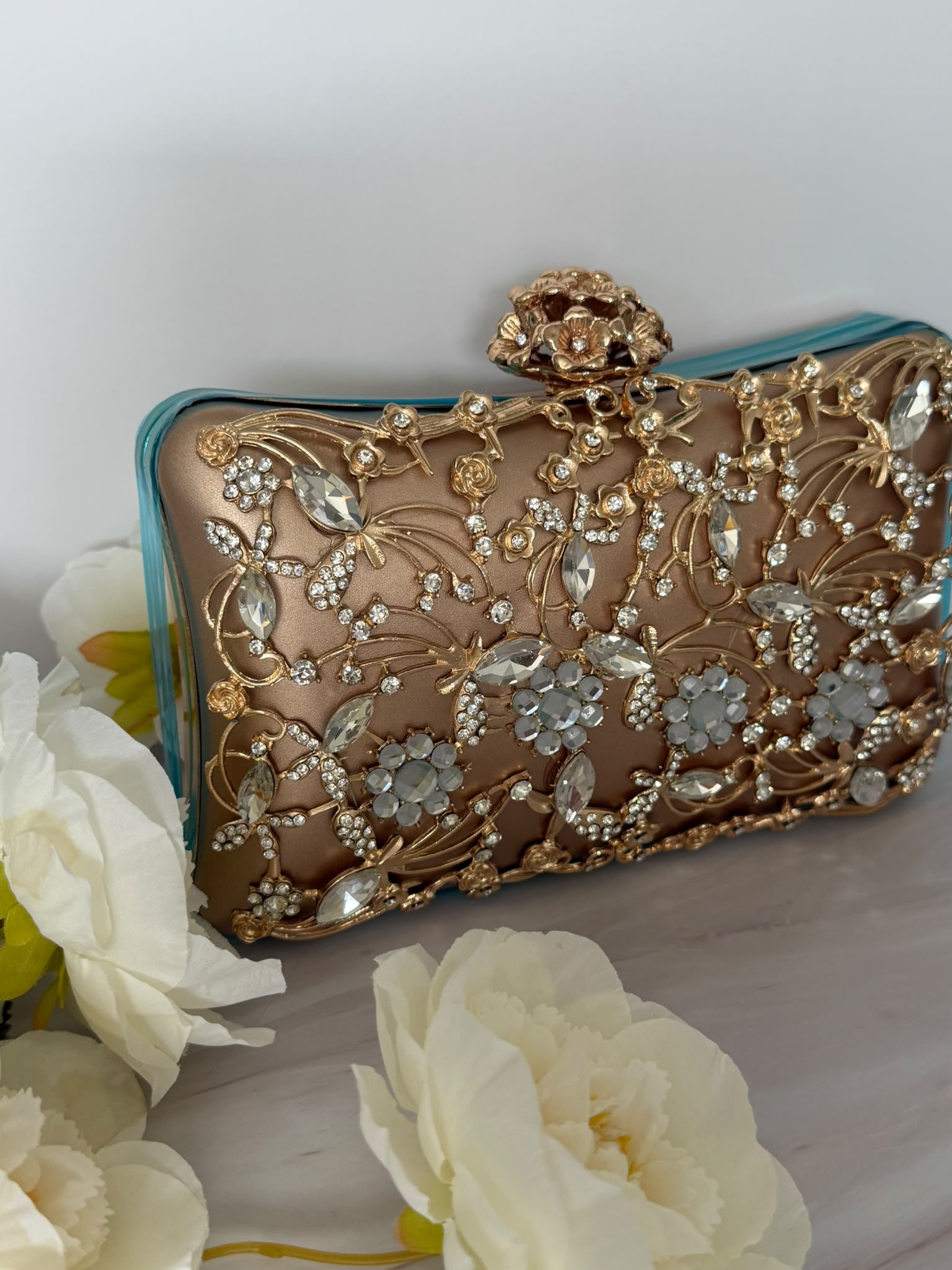 Golden Rhinestone Crystal Floral Evening Clutch
